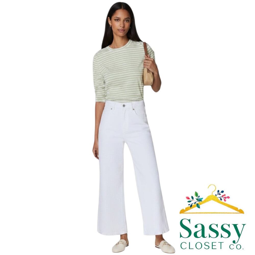 SPANX Off White Denim Crop Pants L 12 NWOT Pull On Wide Leg Trousers 21284R